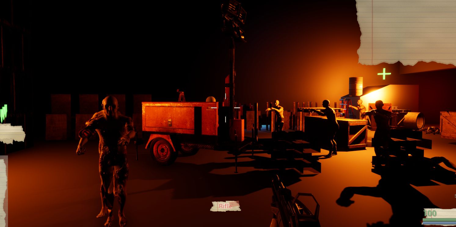 A survivor aiming a rifle down a lab corridor under orange emergency lighting
