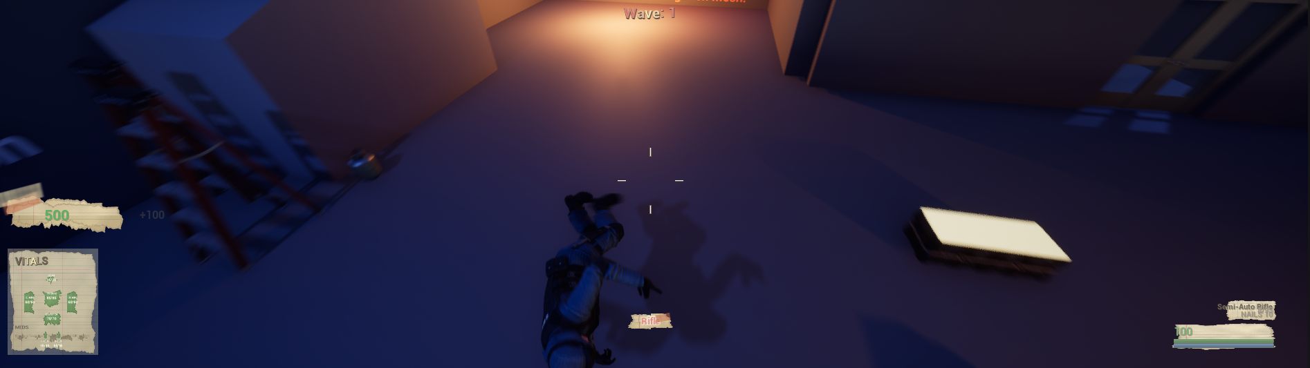 Wide third-person shot of the survivor with points and weapon HUD