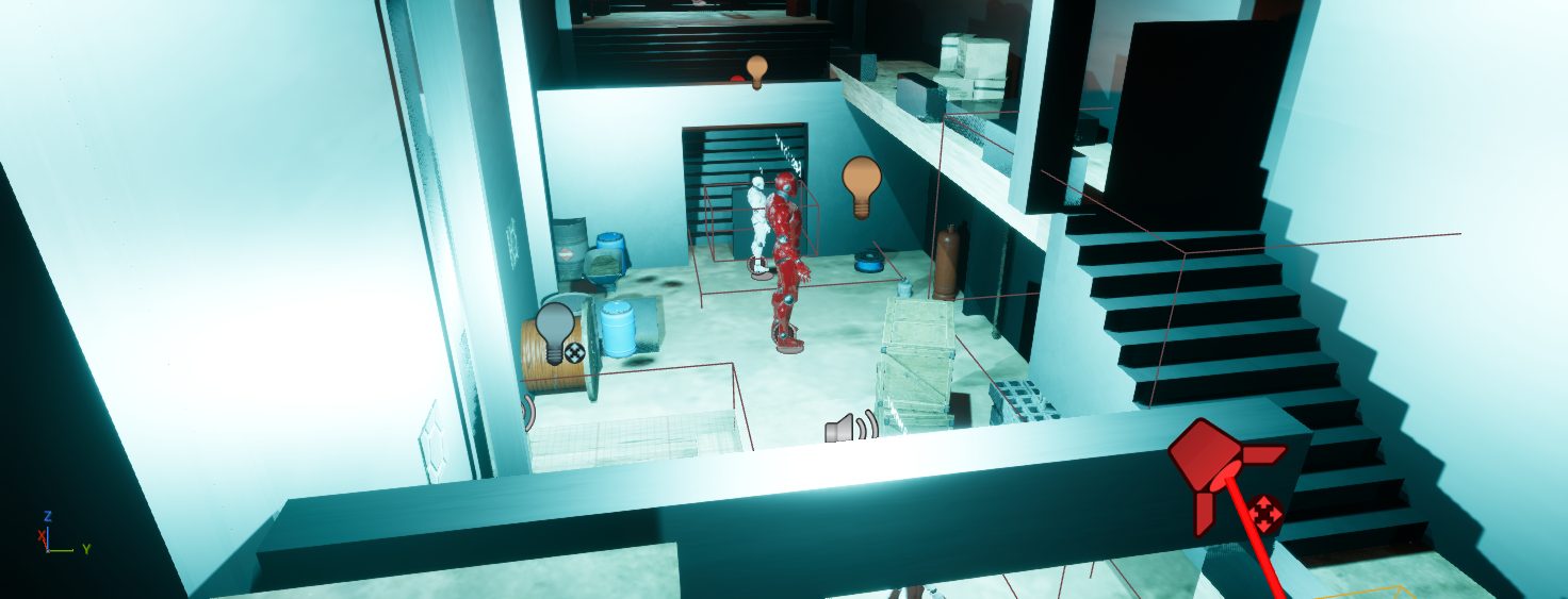 Editor view over the open bay from the mezzanine, character test dummies on the deck below