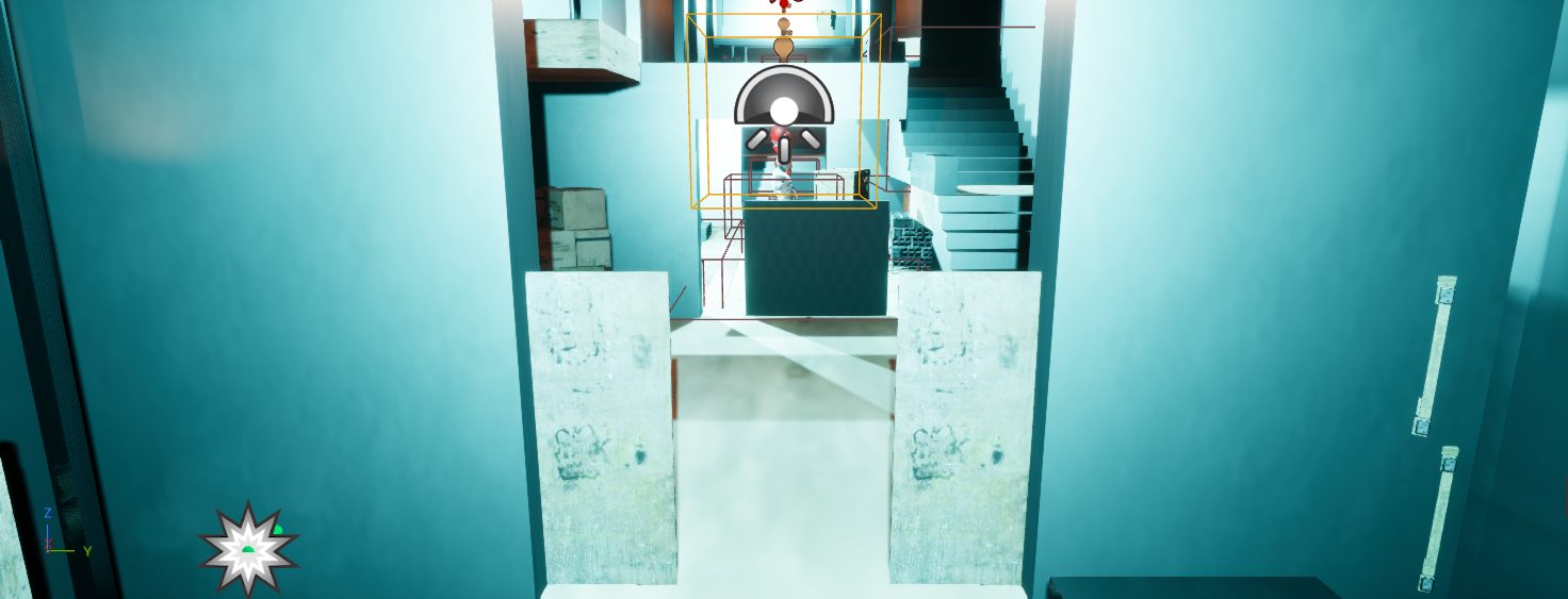 Editor view down a narrow Bellows chokepoint toward a stair tower, spawner gizmos visible