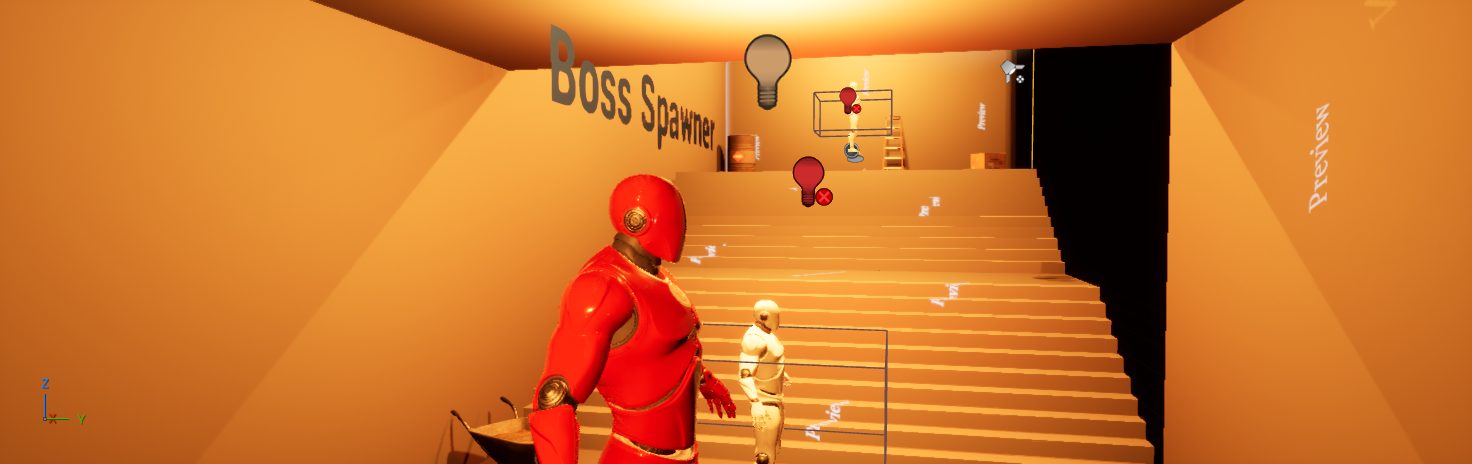 Blockout hallway and staircase with Boss Spawner marker text on the wall