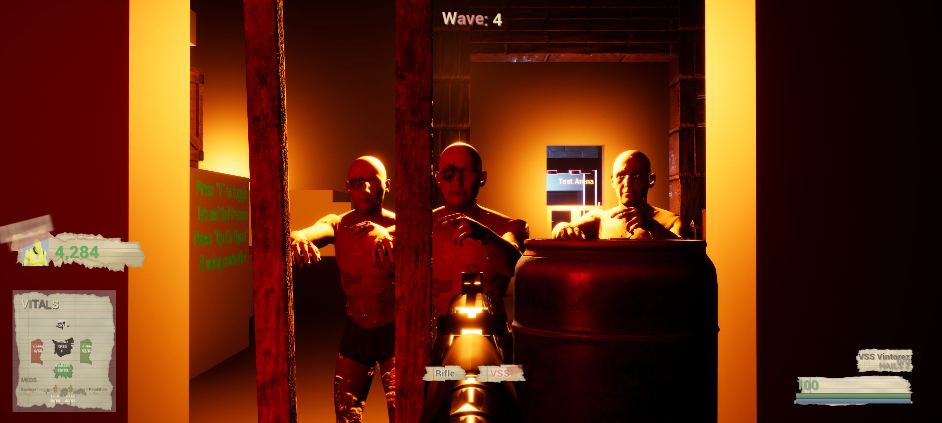 First-person view down the sights at a lone zombie silhouetted in a bright doorway while pushing through a dark lab corridor on wave 4