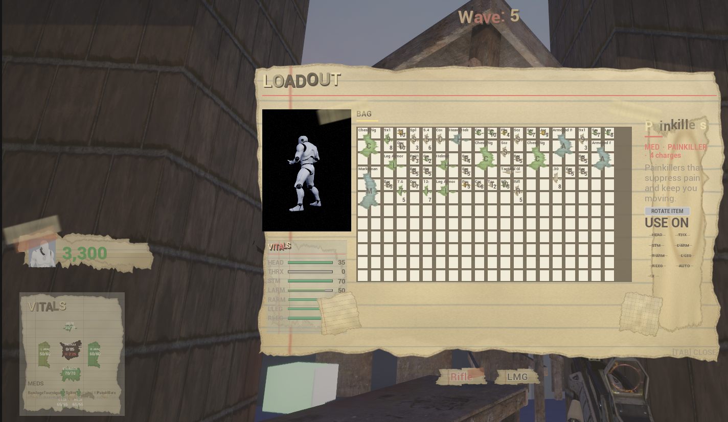 In-game paper loadout screen: grid inventory bag, rotating character doll, per-limb vitals